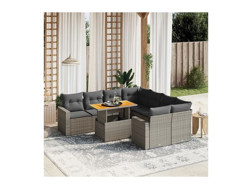 Salon de jardin 9 pcs avec coussins gris résine tressée