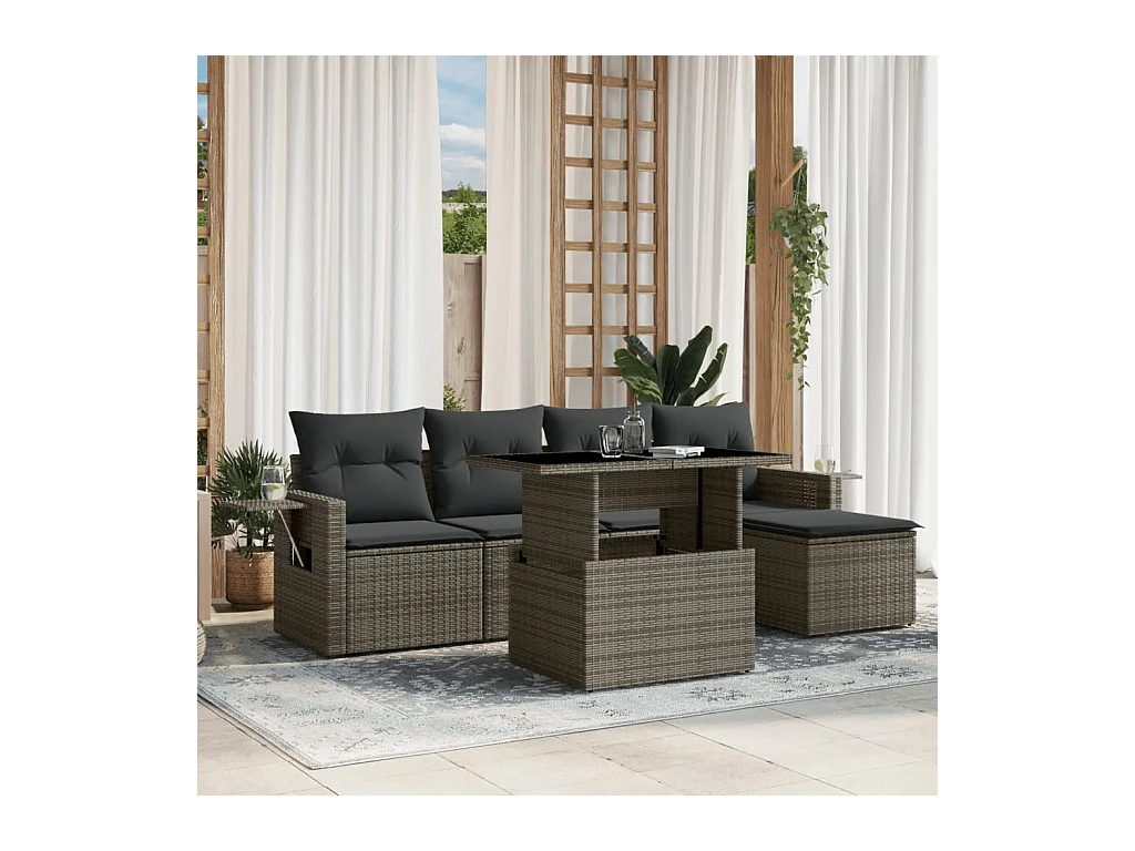 Salon de jardin 6 pcs avec coussins gris résine tressée