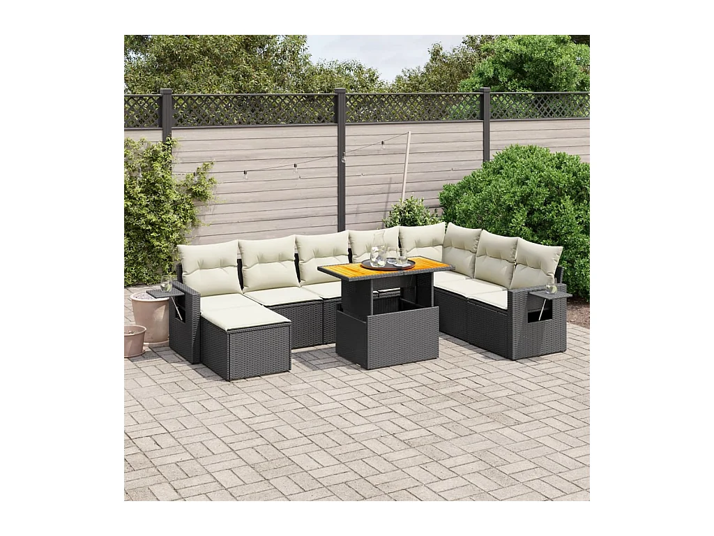 9-tlg. Garten-Sofagarnitur mit Kissen Schwarz Poly Rattan