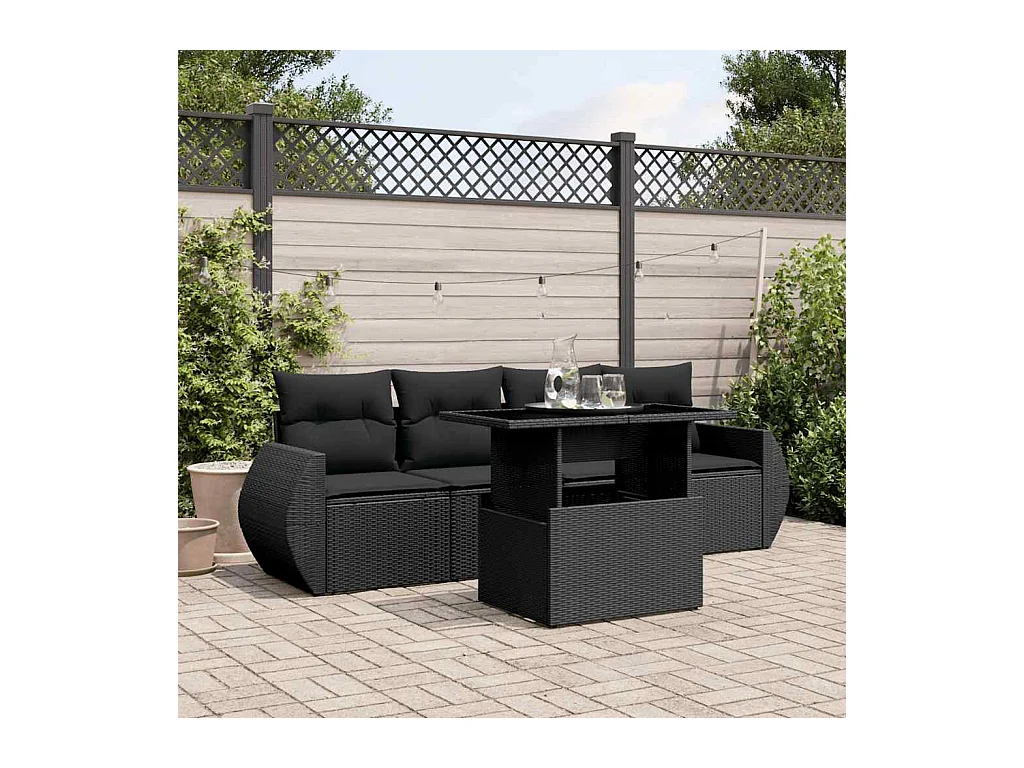 Salon de jardin 5 pcs avec coussins noir résine tressée