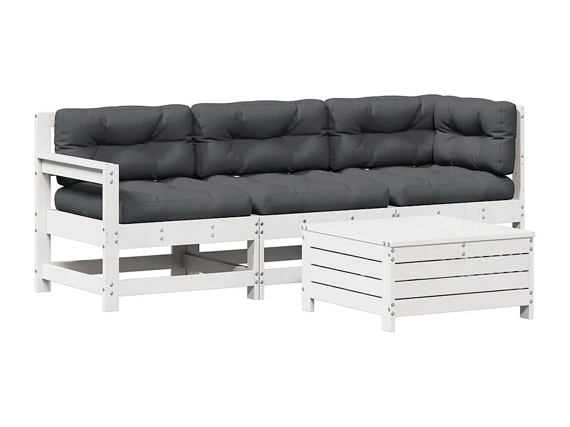 Set Salotto Giardino 4pz con Cuscini Bianco Legno Massello Pino