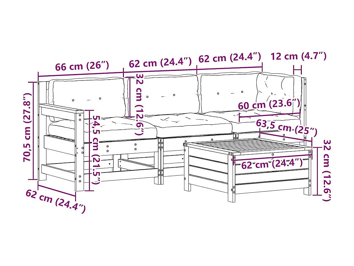 Set Salotto Giardino 4pz con Cuscini Bianco Legno Massello Pino