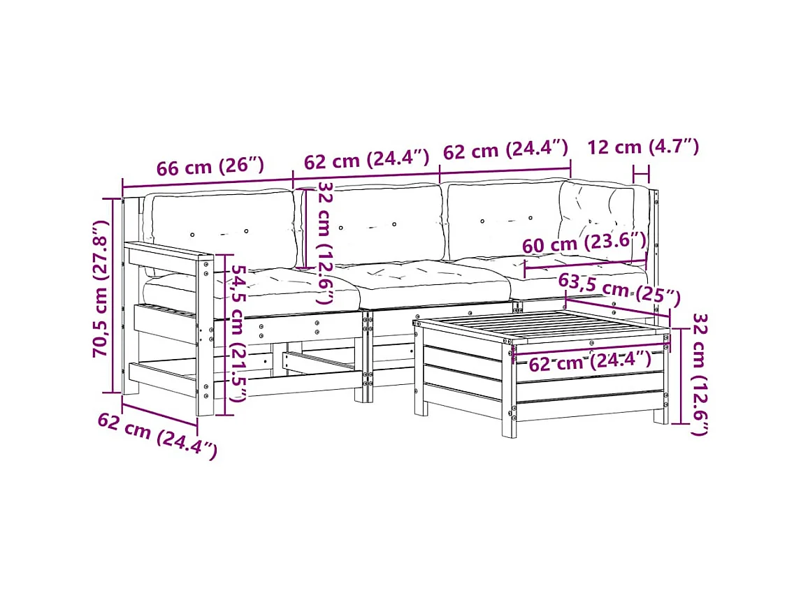 4-tlg. Garten-Lounge-Set mit Kissen Weiß Massivholz Kiefer