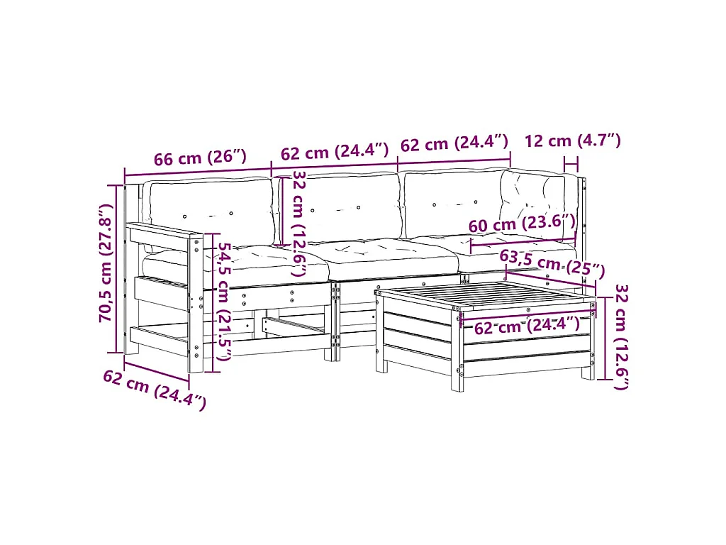 4-delige Loungeset met kussens massief grenenhout