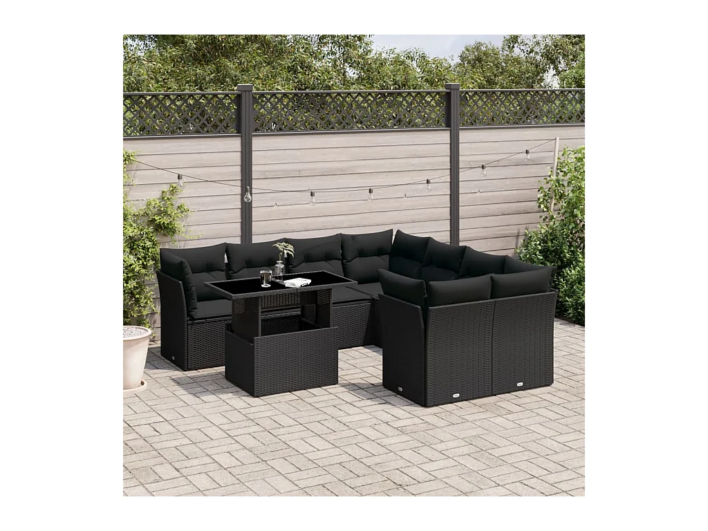 Salon de jardin 9 pcs avec coussins noir résine tressée