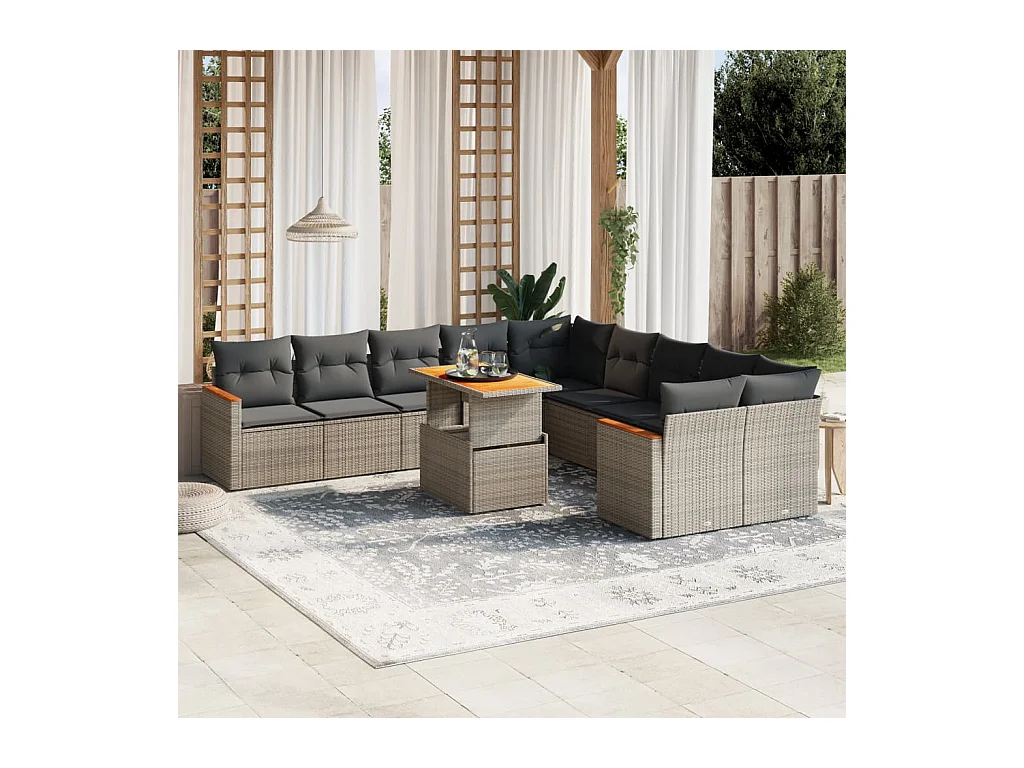 Salon de jardin 11 pcs avec coussins gris résine tressée