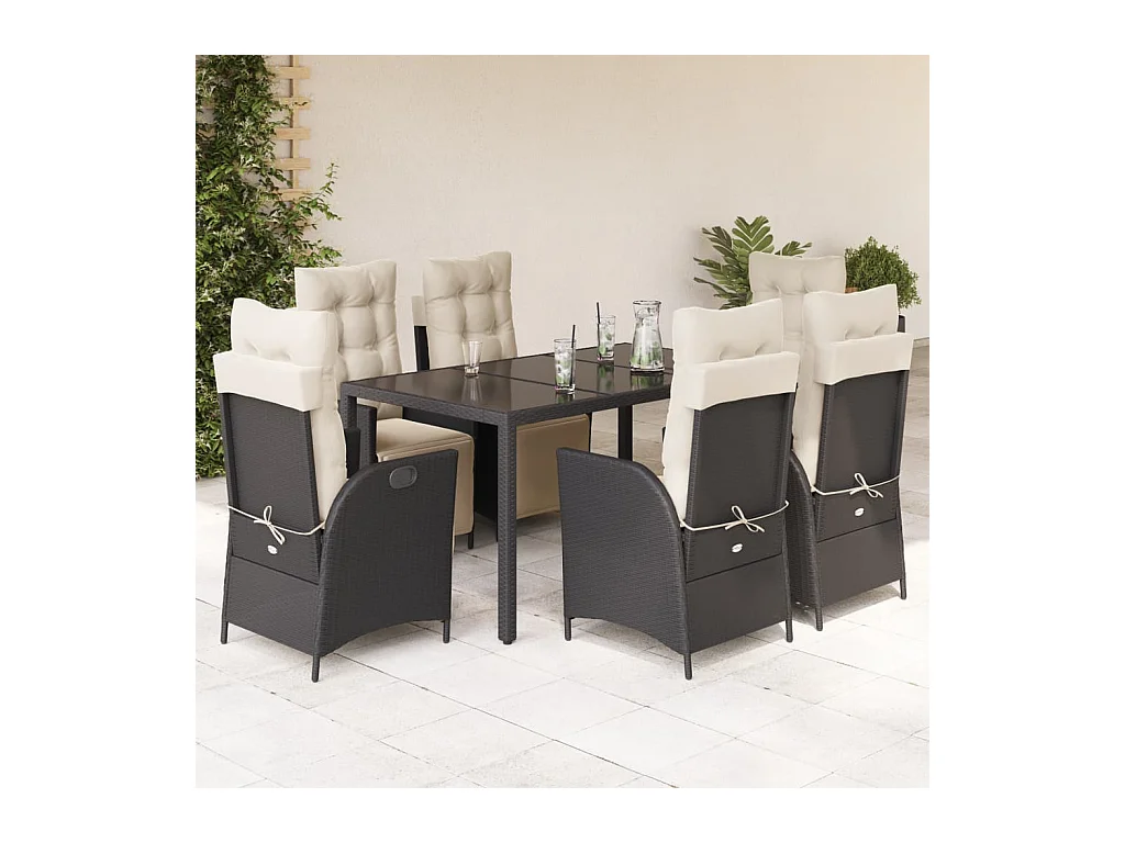 Set da Pranzo da Giardino 7 pz Nero con Cuscini in Polyrattan