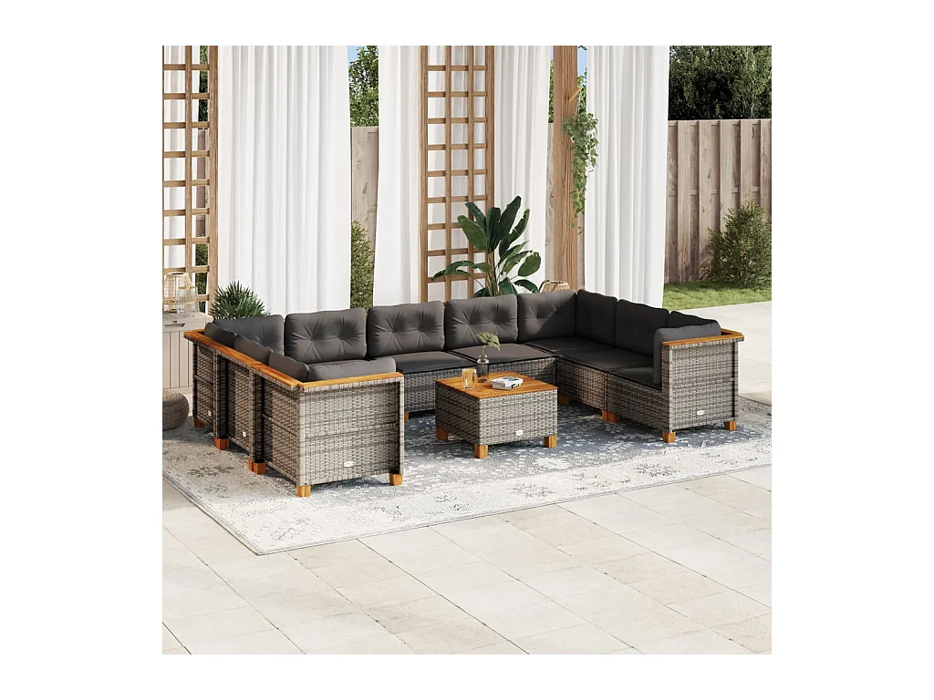 Set Divano da Giardino 10 pz con Cuscini Grigio in Polyrattan