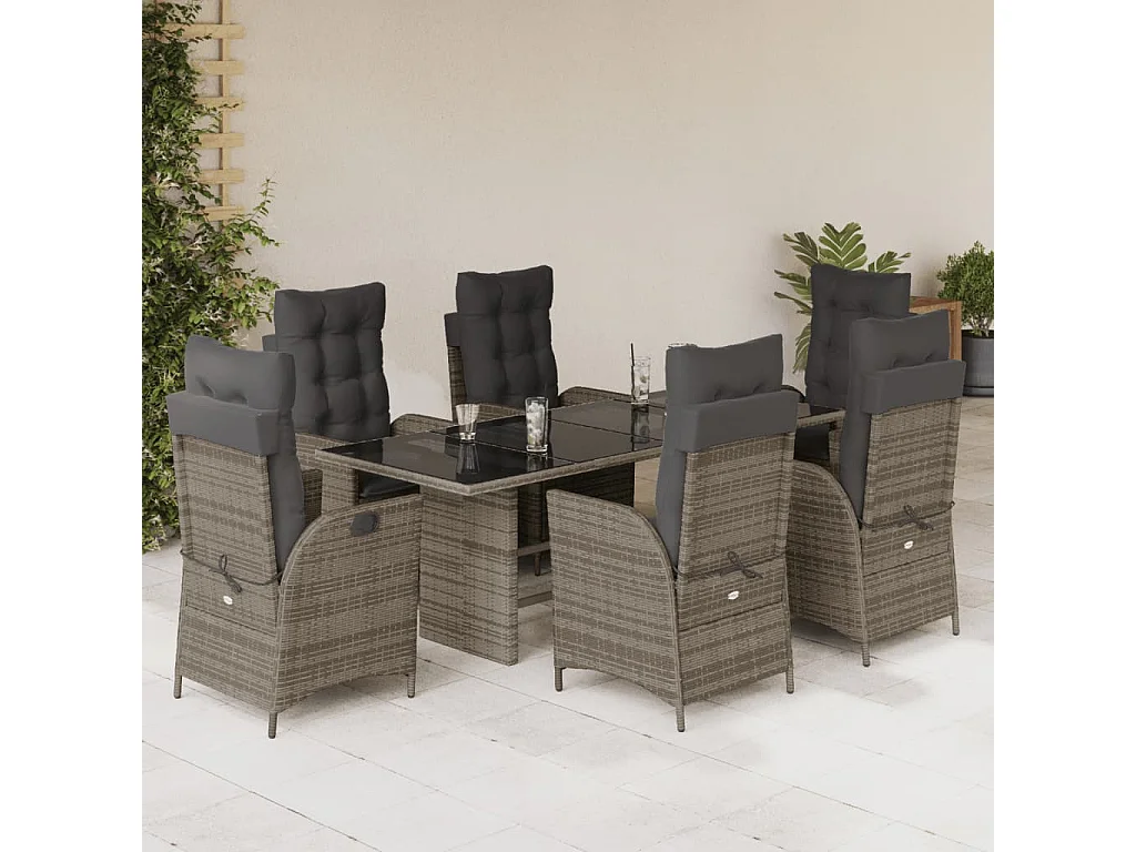 7-tlg. Garten-Essgruppe mit Kissen Grau Poly Rattan