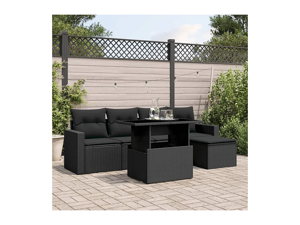 6-delige Loungeset met kussens poly rattan zwart