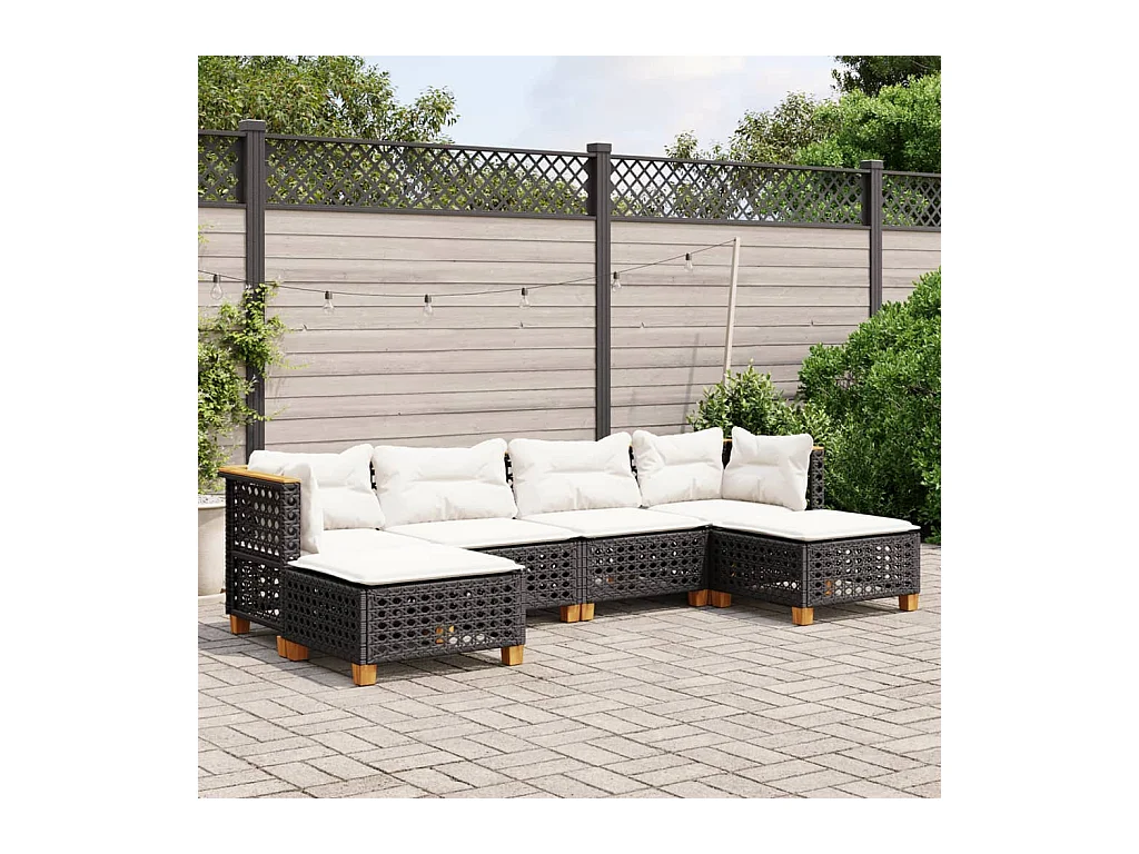 Salon de jardin 6 pcs avec coussins noir résine tressée