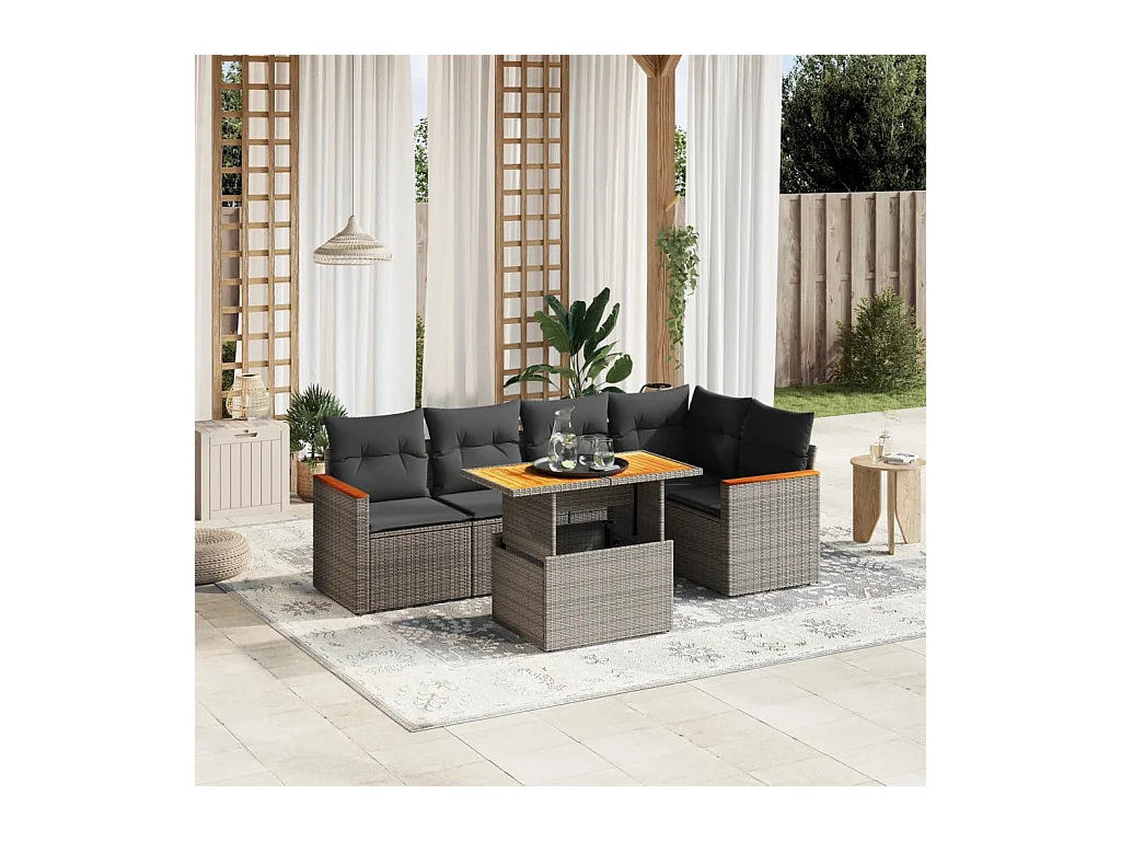 Salon de jardin 6 pcs avec coussins gris résine tressée