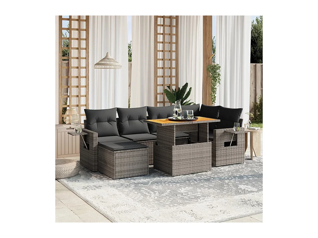 7-tlg. Garten-Sofagarnitur mit Kissen Grau Poly Rattan