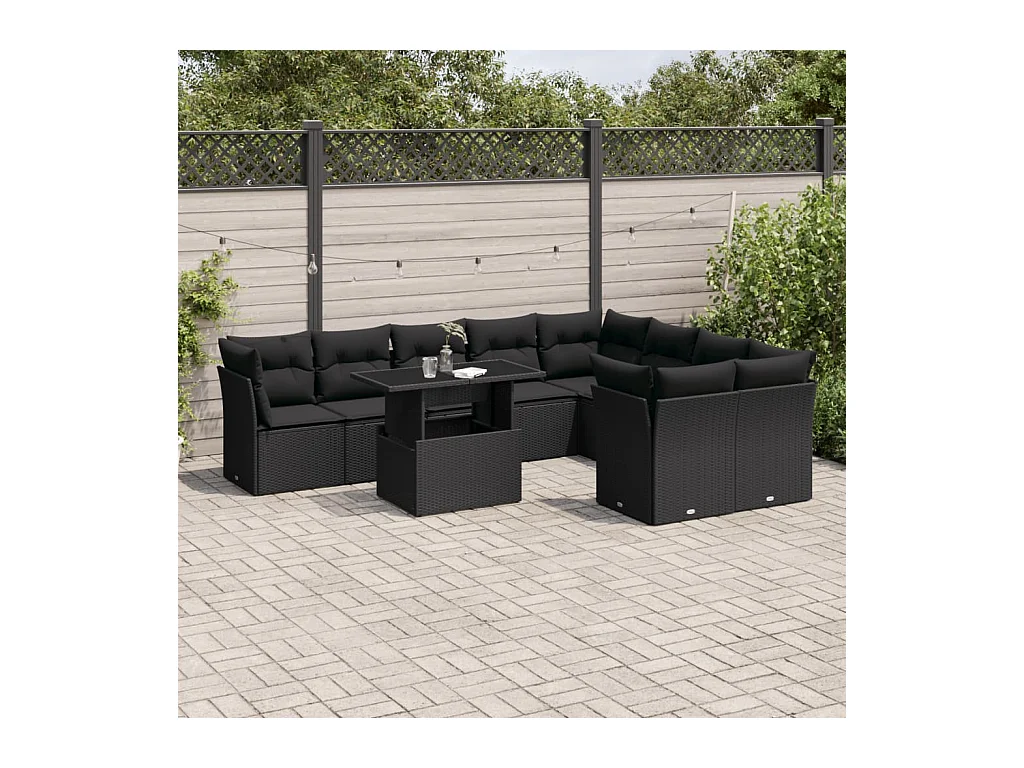Salon de jardin 10 pcs avec coussins noir résine tressée