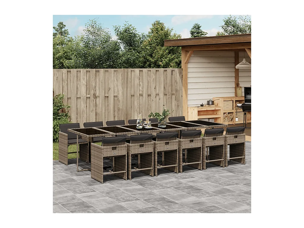 Set da Pranzo da Giardino 13pz con Cuscini Grigio in Polyrattan