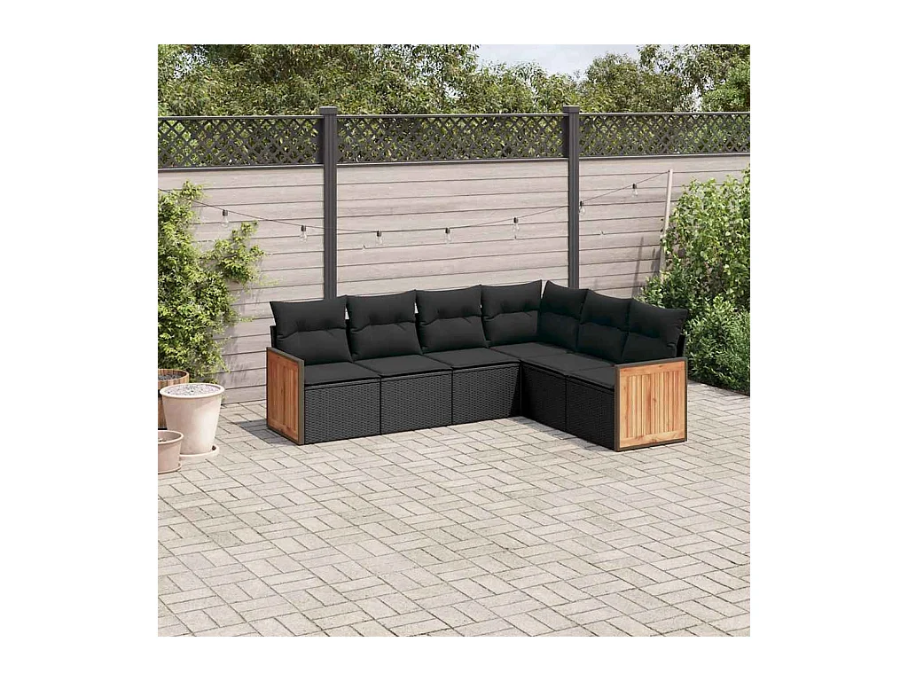 Salon de jardin 6 pcs avec coussins noir résine tressée
