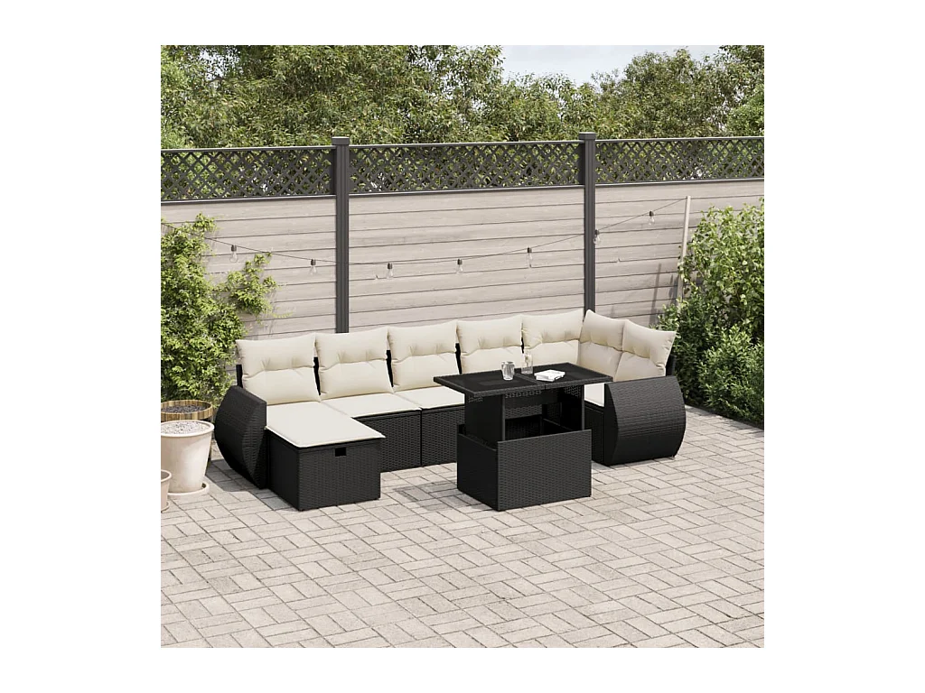 Salon de jardin 8 pcs avec coussins noir résine tressée