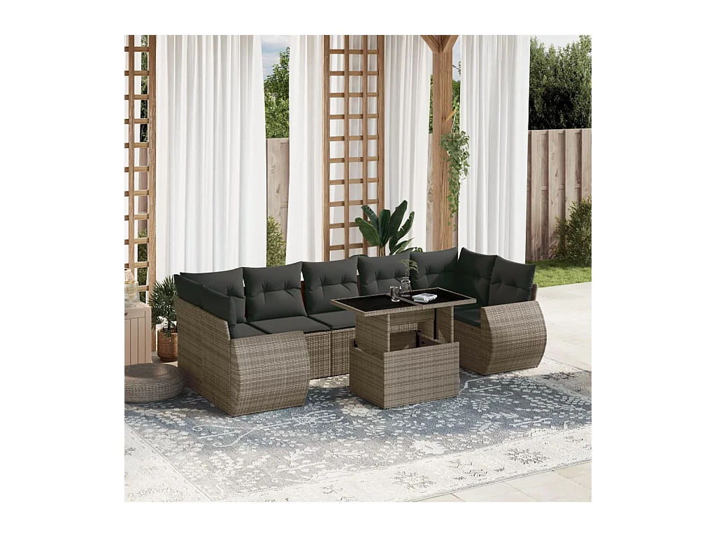 8-delige Loungeset met kussens poly rattan grijs