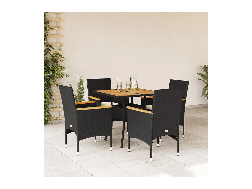 Ensemble à manger de jardin et coussins 5 pcs noir rotin acacia
