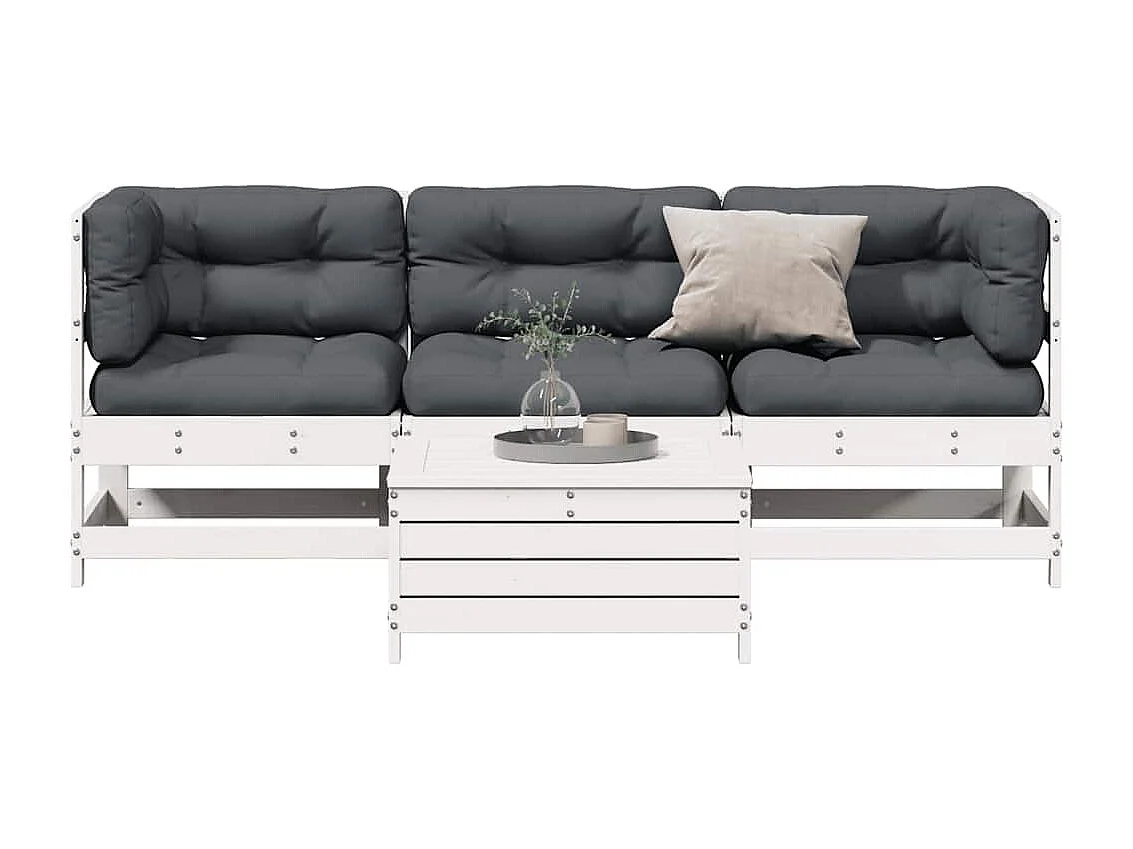 Salon de jardin 4 pcs avec coussins blanc bois de pin massif