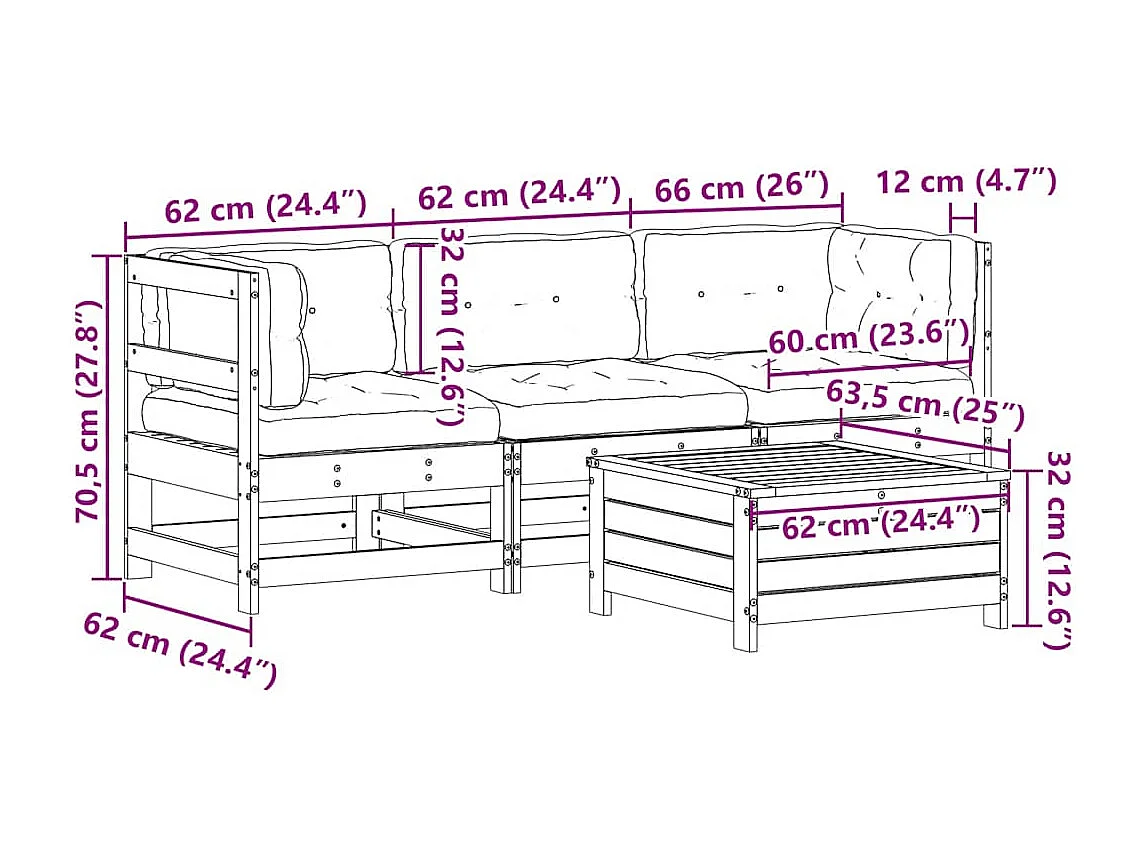 Salon de jardin 4 pcs avec coussins blanc bois de pin massif