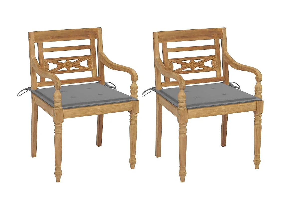 Chaises Batavia lot de 2 avec coussins gris Bois de teck massif