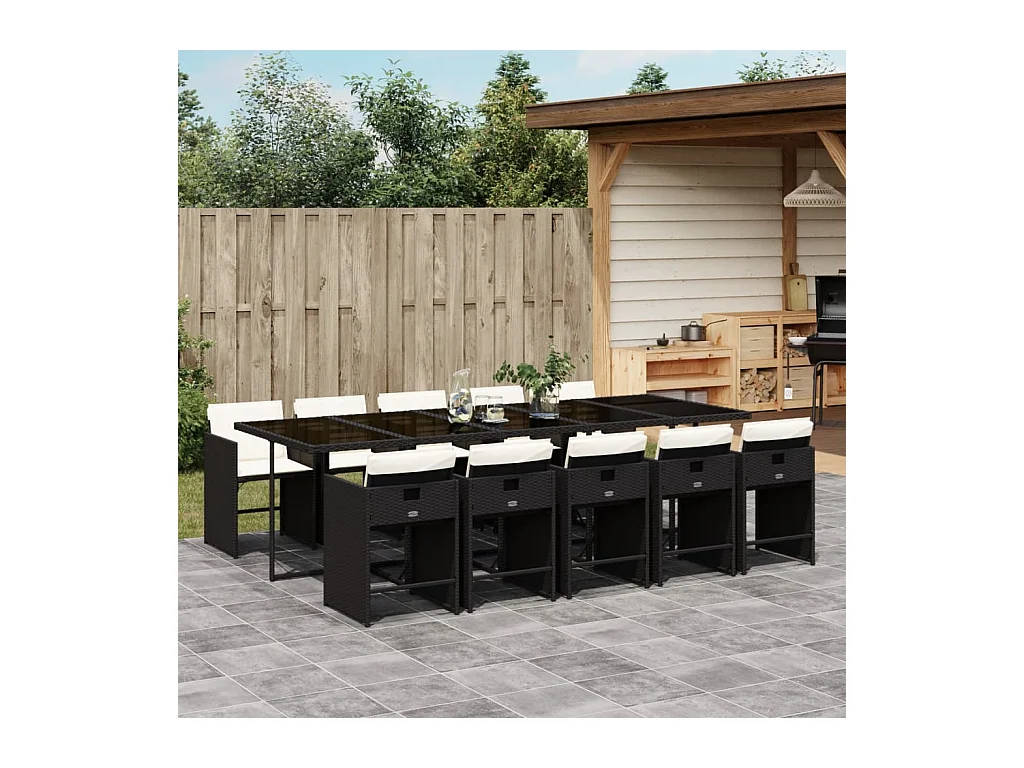 Ensemble à manger de jardin 11 pcs coussins noir résine tressée