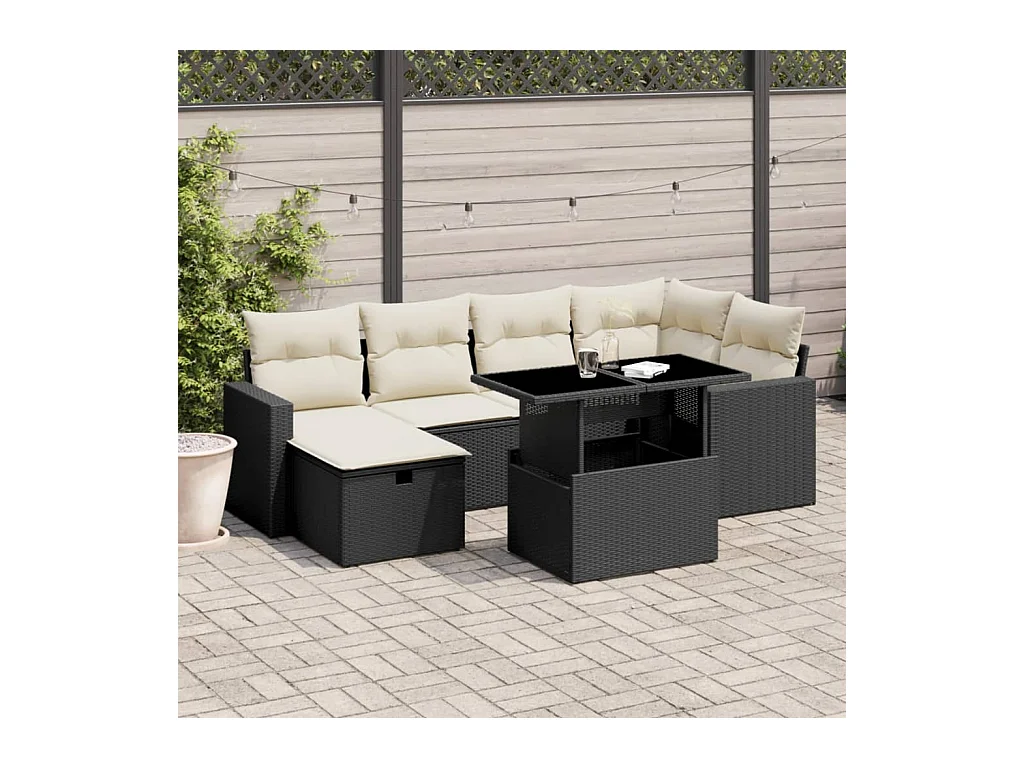 7-delige Loungeset met kussens poly rattan zwart
