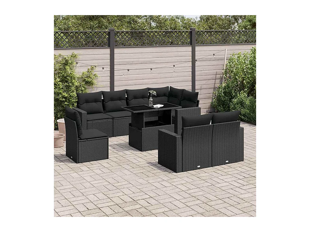 Salon de jardin 9 pcs avec coussins noir résine tressée