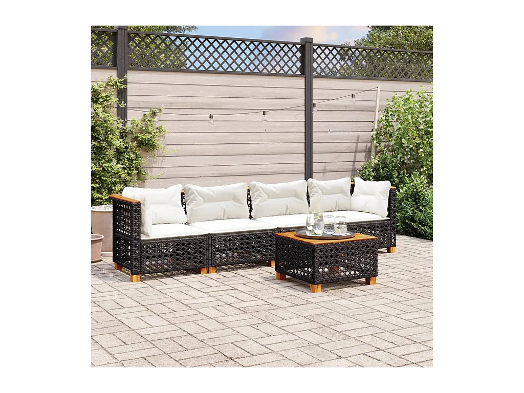 5-delige Loungeset met kussens poly rattan zwart