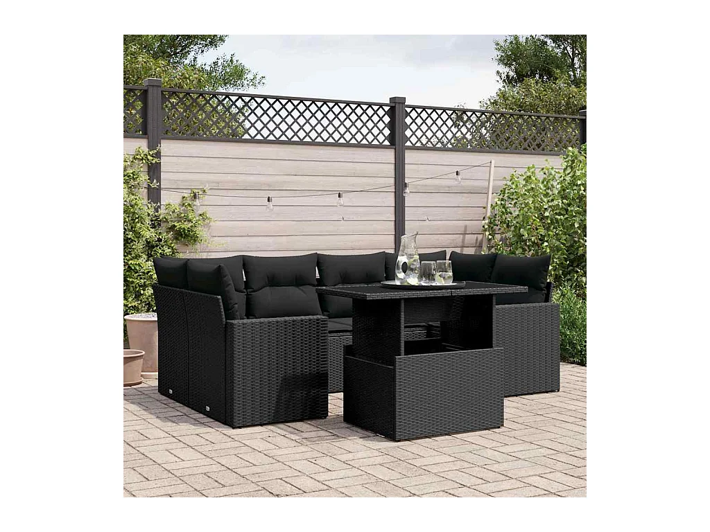 Salon de jardin 7 pcs avec coussins noir résine tressée