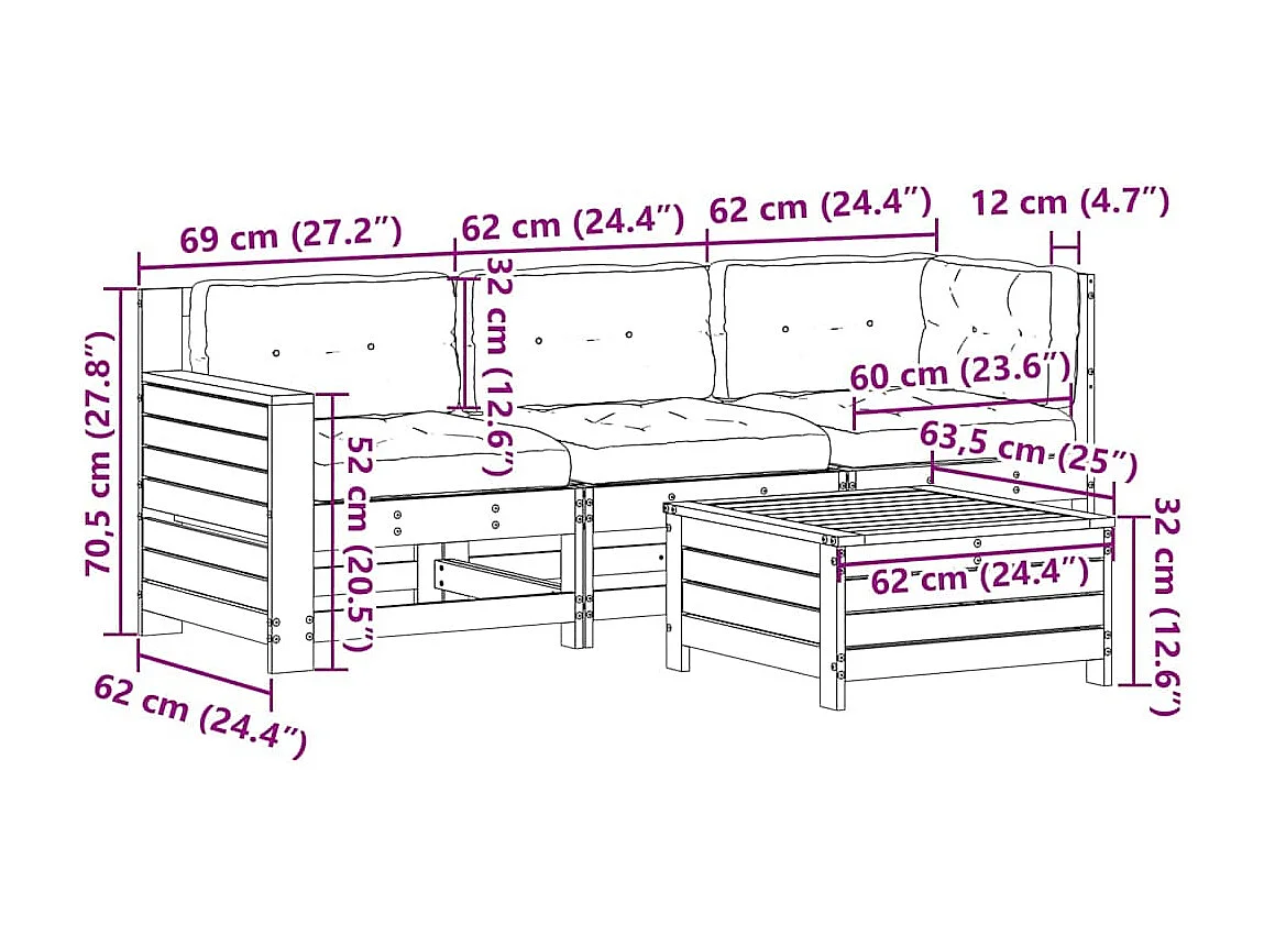 Salon de jardin 4 pcs avec coussins blanc bois de pin massif