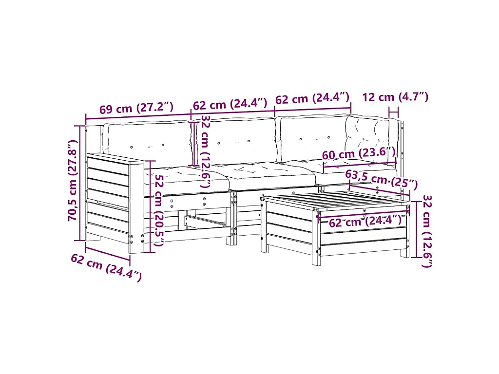 4-delige Loungeset met kussens massief grenenhout