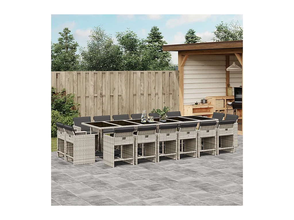 Ensemble à manger de jardin et coussins 17 pcs gris clair rotin