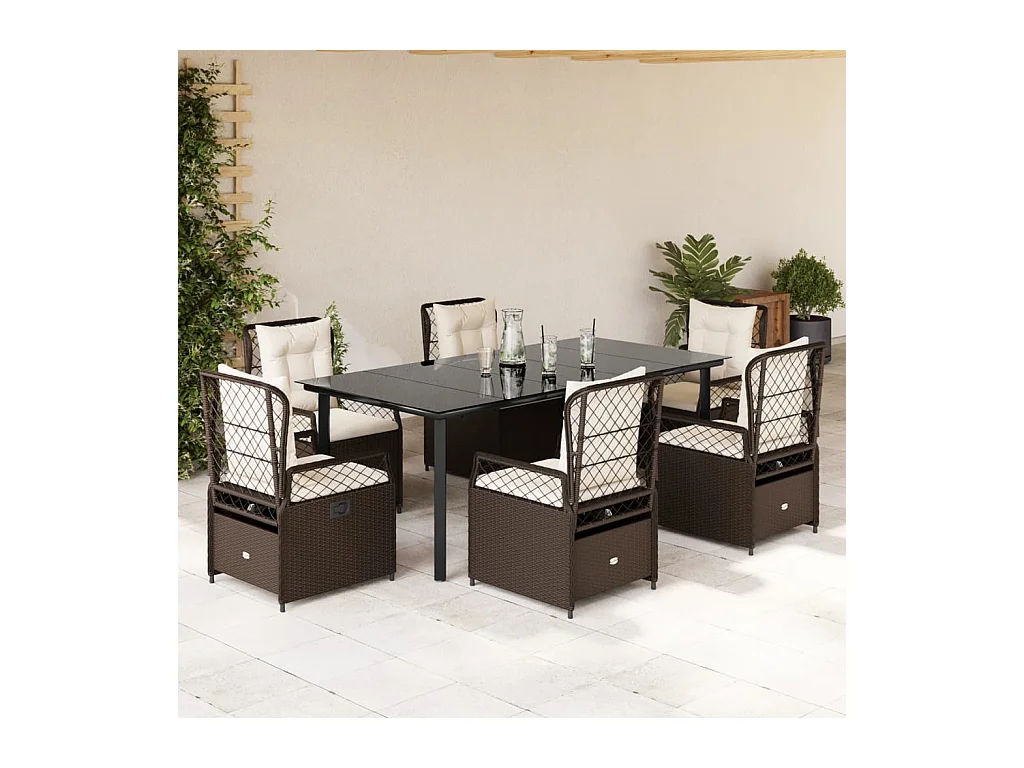 Ensemble à manger de jardin et coussins 7 pcs marron rotin