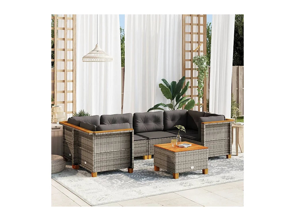 7-tlg. Garten-Sofagarnitur mit Kissen Grau Poly Rattan