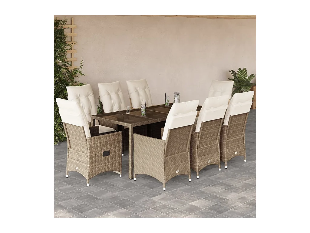 9-tlg. Garten-Essgruppe mit Kissen Beige Poly Rattan
