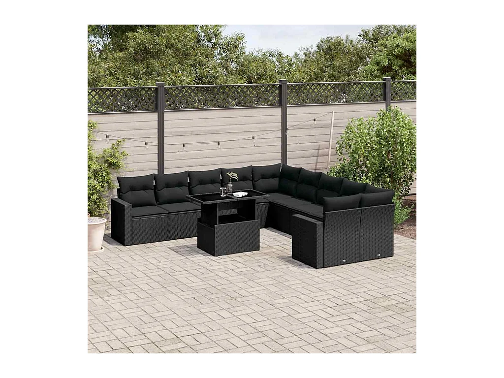 Set de sofás de jardín 11 pzas y cojines ratán sintético negro