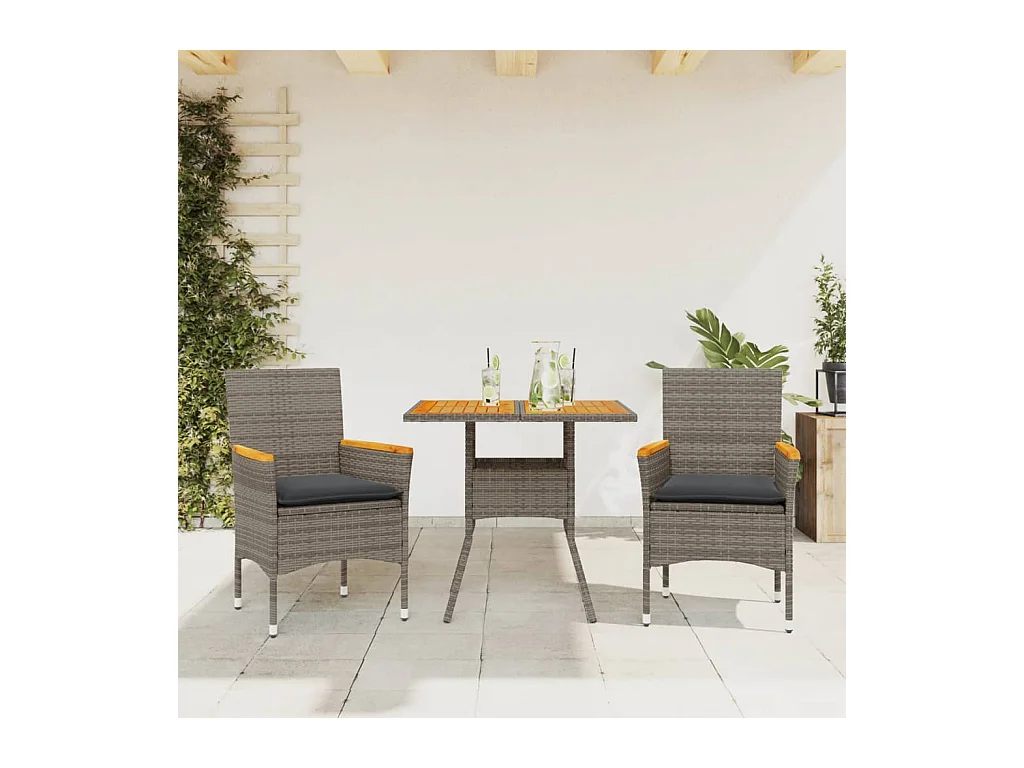 Set Pranzo da Giardino 3pz con Cuscini Polyrattan Acacia Grigio