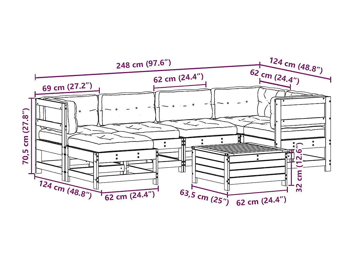 7-delige Loungeset met kussens massief grenenhout wit