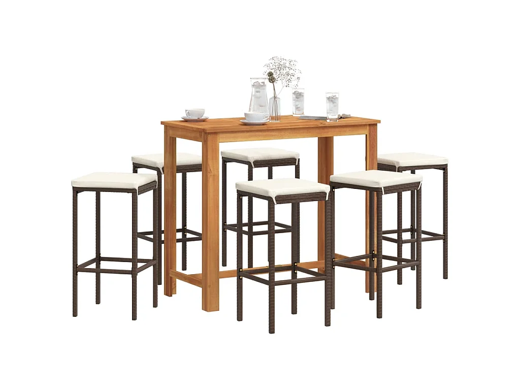 7-tlg. Gartenbar-Set Braun Massivholz Akazie und Poly Rattan