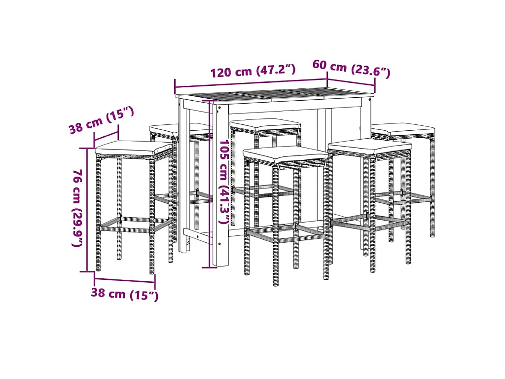 7-tlg. Gartenbar-Set Braun Massivholz Akazie und Poly Rattan