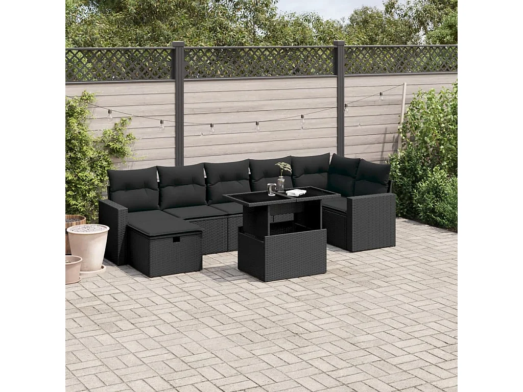 Salon de jardin 8 pcs avec coussins noir résine tressée
