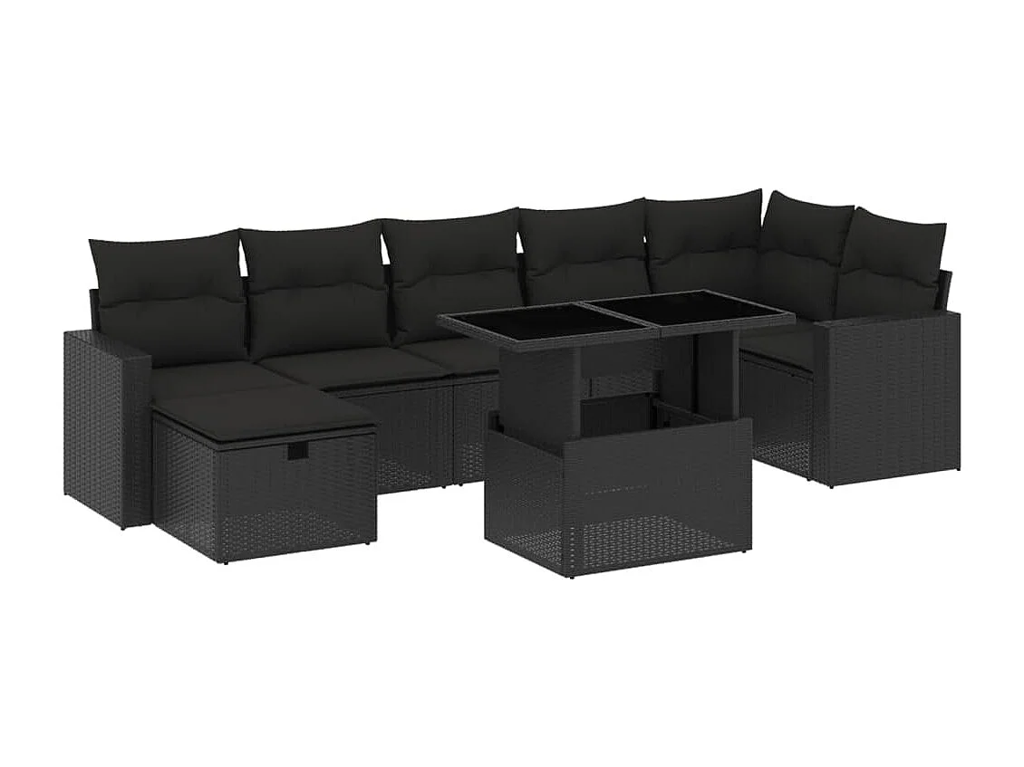 Salon de jardin 8 pcs avec coussins noir résine tressée