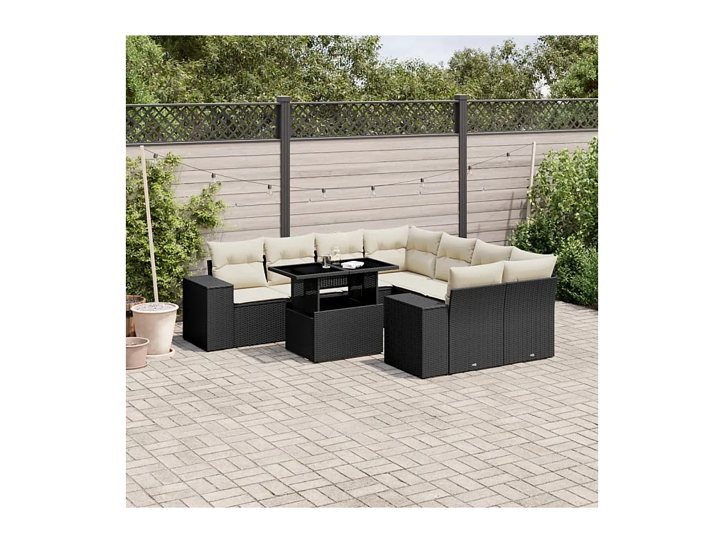 9-delige Loungeset met kussens poly rattan zwart