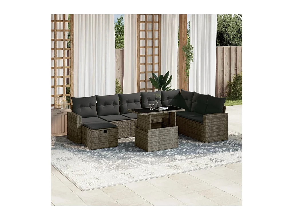 Salon de jardin 9 pcs avec coussins gris résine tressée