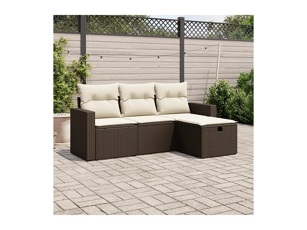Set Divano da Giardino 4 pz con Cuscini Marrone in Polyrattan