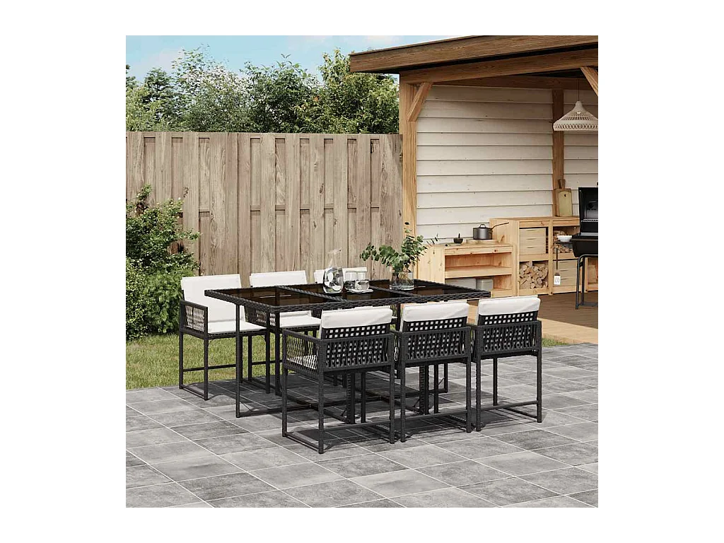 7-tlg. Garten-Essgruppe mit Kissen Schwarz Poly Rattan