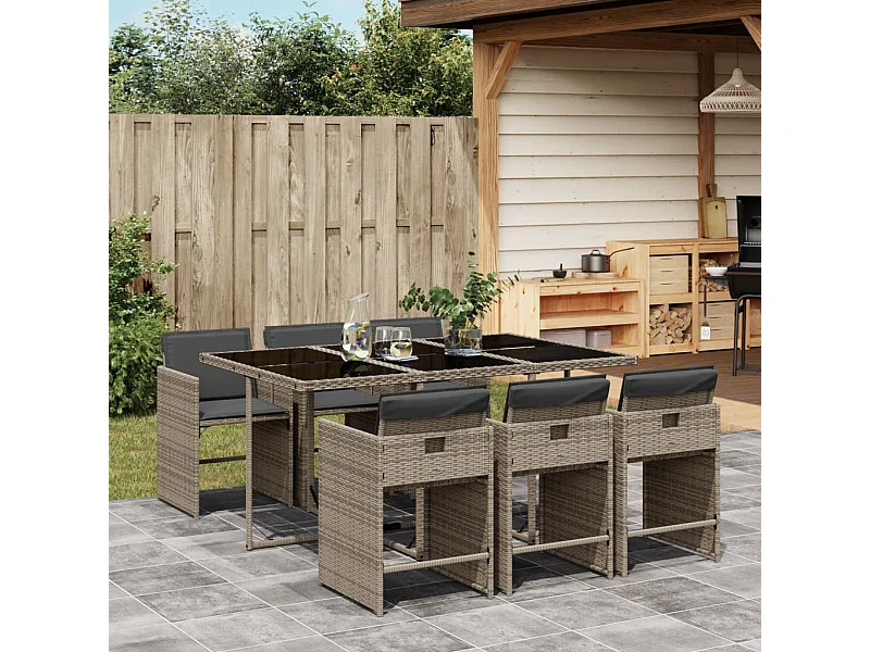 7 pcs conjunto de jantar p/ jardim c/ almofadões vime PE cinza