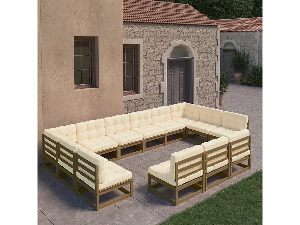 Salon de jardin 13 pcs avec coussins Marron miel Bois de pin